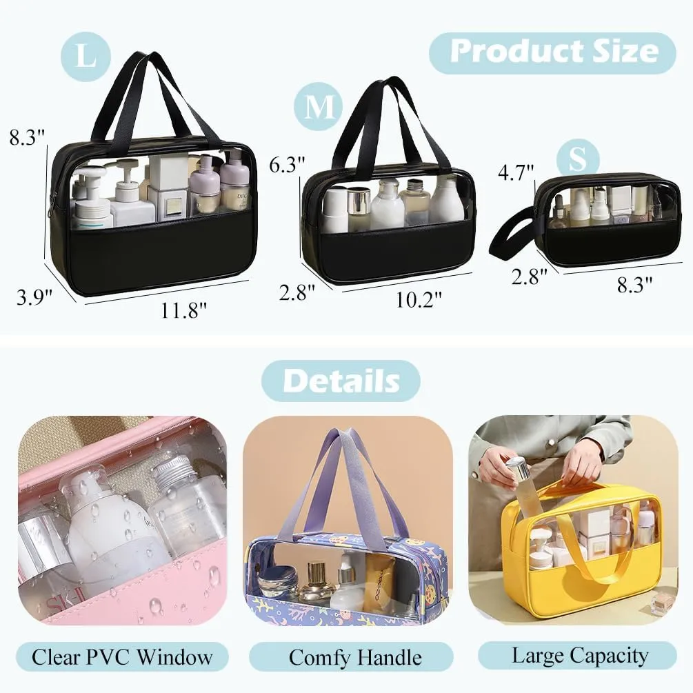 Travel Toiletry Bag, 3 Piece Waterproof Makeup Bag Set, Floral Pattern Cosmetic Organizer Bag with Handle, Spacious Makeup Bag with Clear Window (Light Blue, Floral)