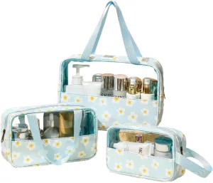 Travel Toiletry Bag, 3 Piece Waterproof Makeup Bag Set, Floral Pattern Cosmetic Organizer Bag with Handle, Spacious Makeup Bag with Clear Window (Light Blue, Floral)