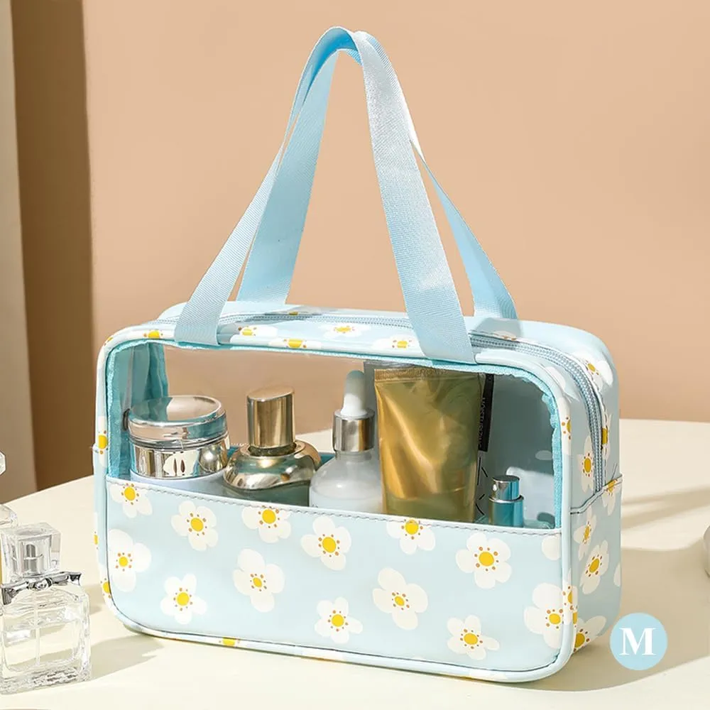 Travel Toiletry Bag, 3 Piece Waterproof Makeup Bag Set, Floral Pattern Cosmetic Organizer Bag with Handle, Spacious Makeup Bag with Clear Window (Light Blue, Floral)