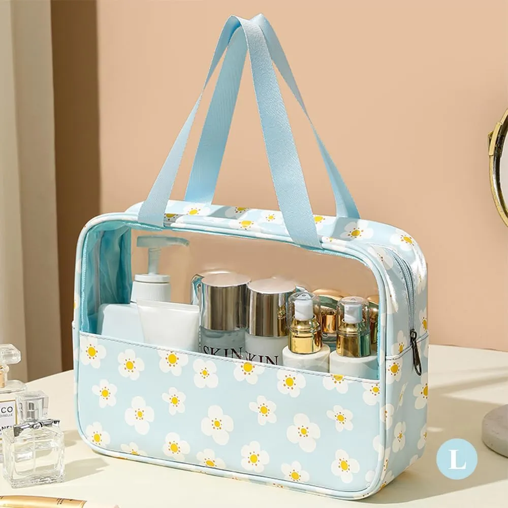 Travel Toiletry Bag, 3 Piece Waterproof Makeup Bag Set, Floral Pattern Cosmetic Organizer Bag with Handle, Spacious Makeup Bag with Clear Window (Light Blue, Floral)