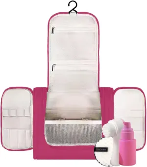 Travel Toiletry Bag w/Hanging Hook  Waterproof Makeup & Toiletry Organizer for Women & Men  Spacious Main Compartment  Medium Size Fucsia Bag for Travel Accessories & Bathroom Essentials