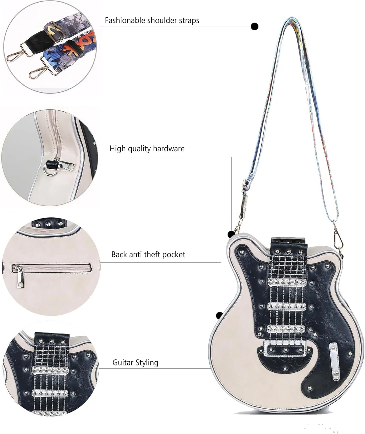 Trendy Guitar Shaped Medium Vegan Leather Crossbody Bag Purse