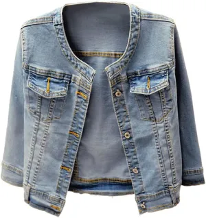 Trendy XU Washed Three Quarter Sleeve Stretch Collarless Short Jeans Coat