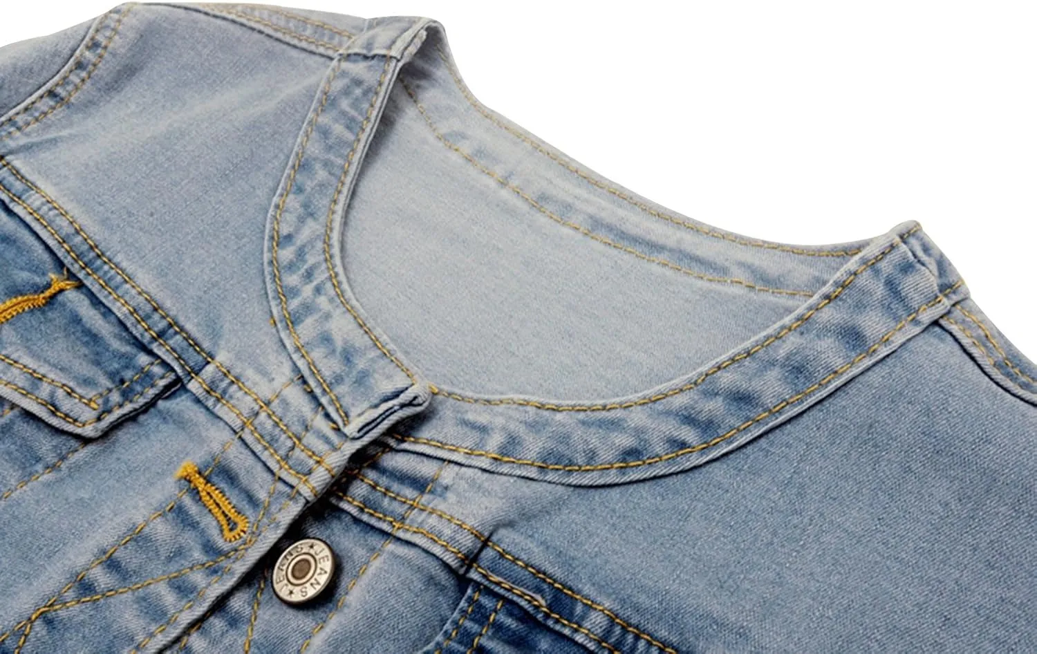 Trendy XU Washed Three Quarter Sleeve Stretch Collarless Short Jeans Coat