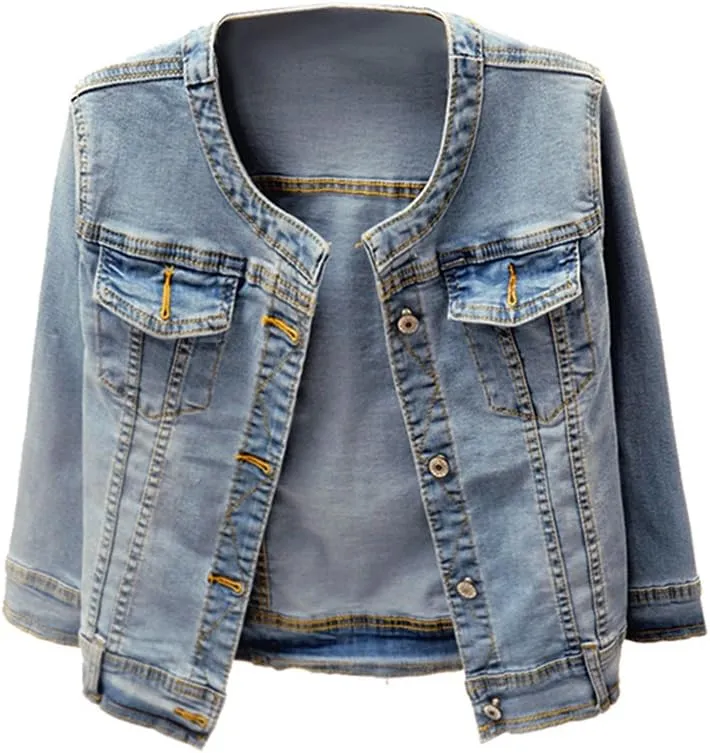 Trendy XU Washed Three Quarter Sleeve Stretch Collarless Short Jeans Coat