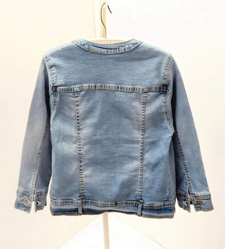 Trendy XU Washed Three Quarter Sleeve Stretch Collarless Short Jeans Coat
