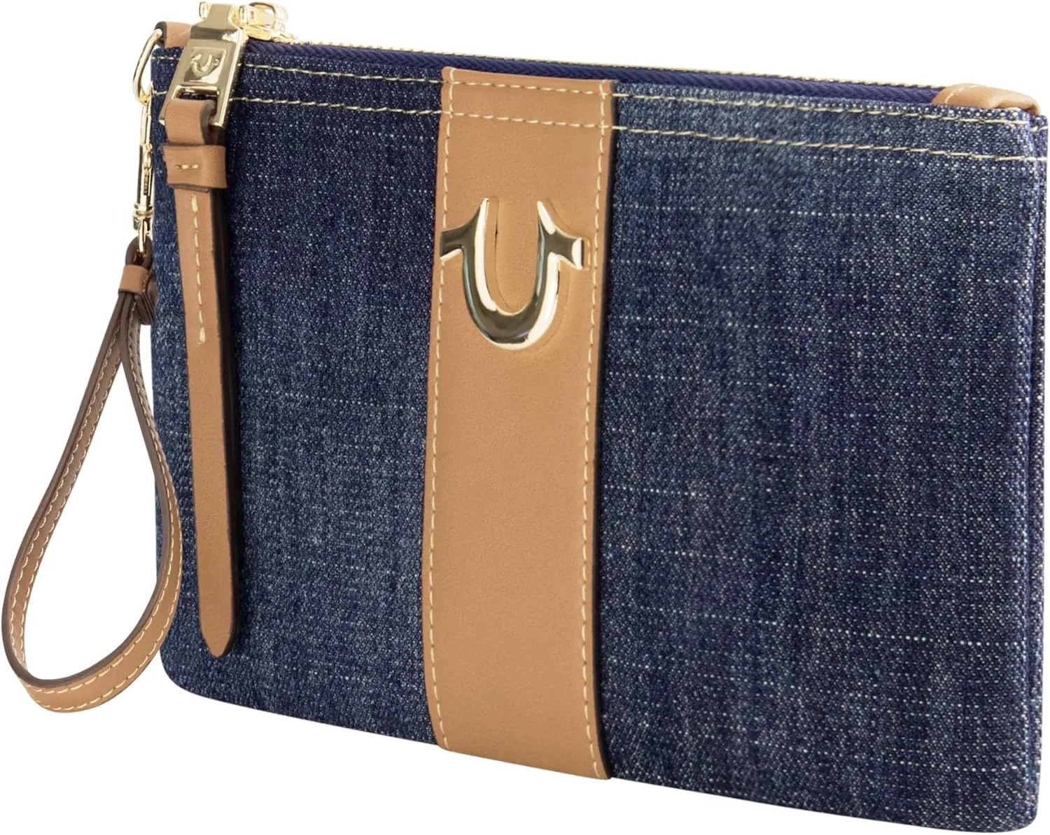 True Religion Women's Mini Wallet, Small Compact Clutch Pouch with Wrist Strap, Dark Denim, One Size