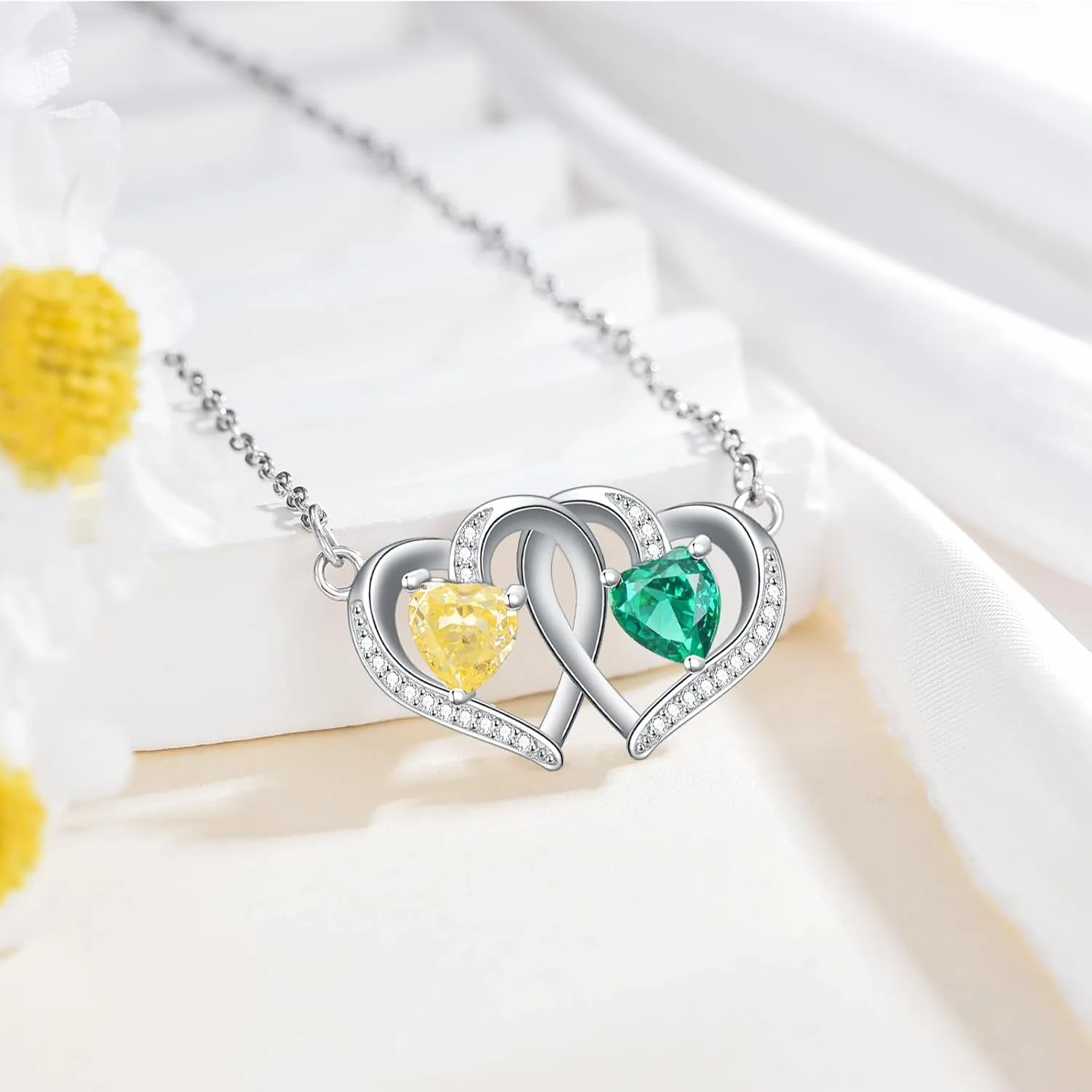 Two Birthstone Hearts Necklace Solid 10K 14K 18K Gold Engraved Name Intertwined Hearts Mother's Day Christmas for Mom Wife