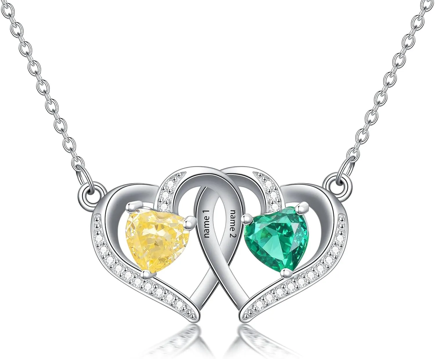 Two Birthstone Hearts Necklace Solid 10K 14K 18K Gold Engraved Name Intertwined Hearts Mother's Day Christmas for Mom Wife