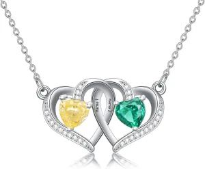 Two Birthstone Hearts Necklace Solid 10K 14K 18K Gold Engraved Name Intertwined Hearts Mother's Day Christmas for Mom Wife