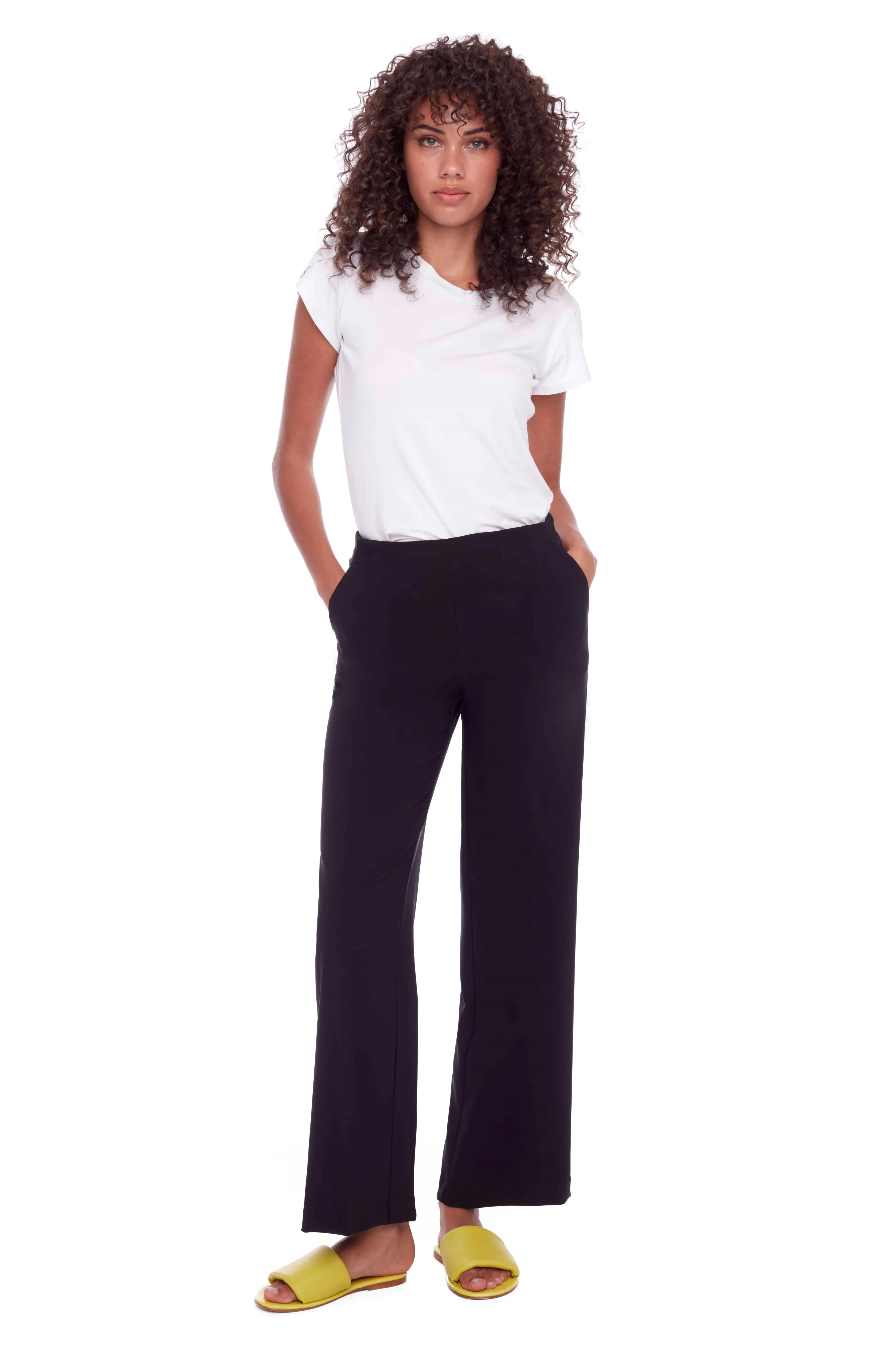 UP! WOMEN'S  HIGH RISE SOLID WIDE LEG PALERMO PANT - BLACK
