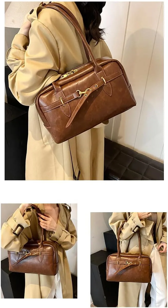Vintage Style Leather Doctor Bag, Brown Satchel Handbag with Double Handle, Gold Hardware