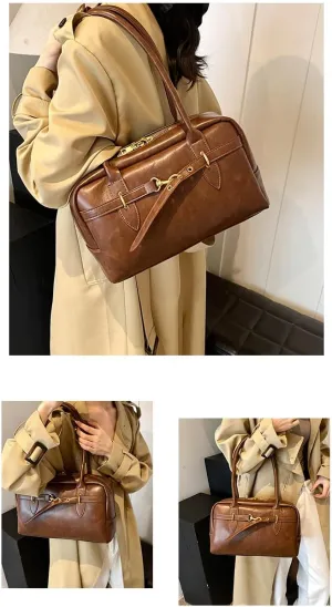 Vintage Style Leather Doctor Bag, Brown Satchel Handbag with Double Handle, Gold Hardware