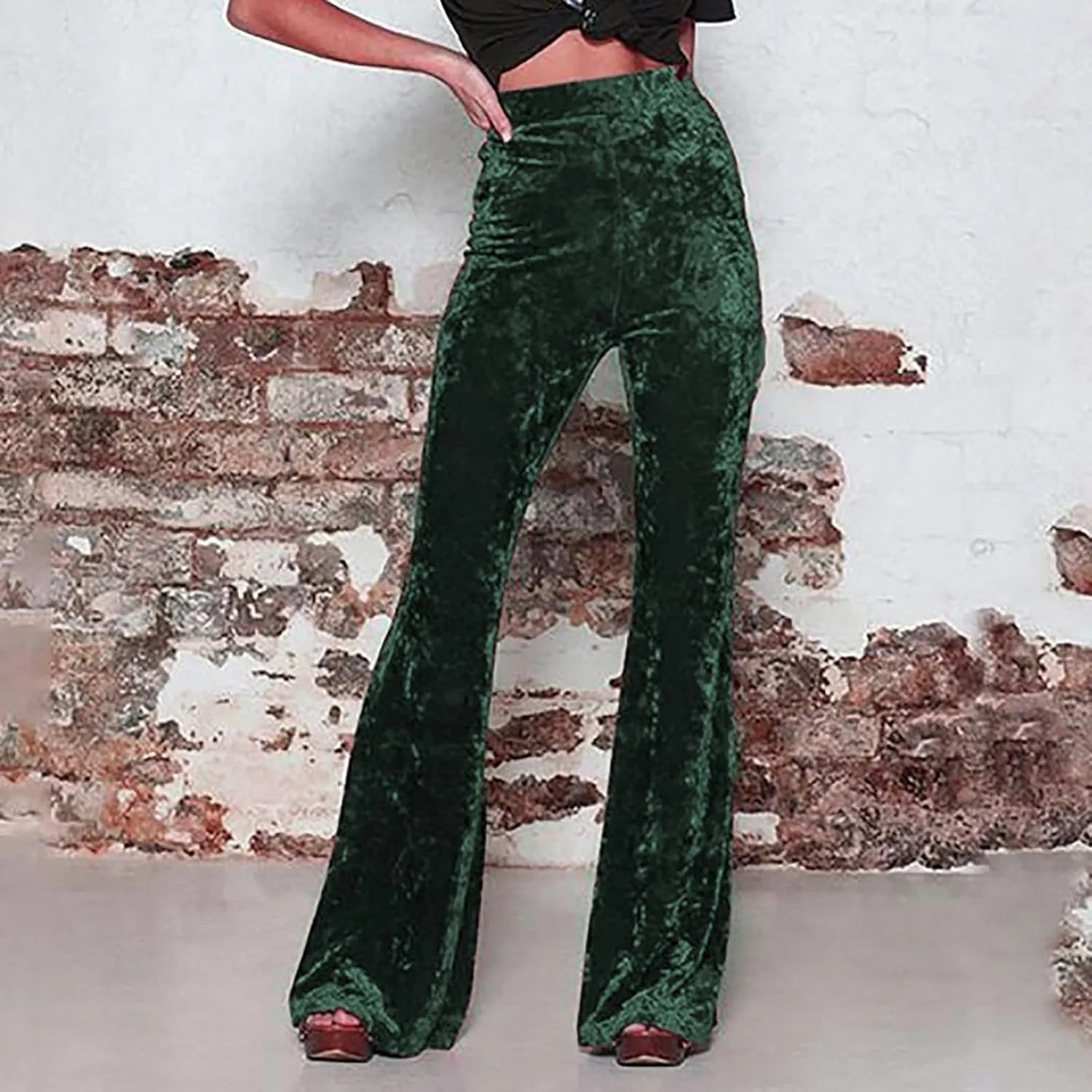 Vintage Velvet Flare Pants for Women High Waist Tummy Control Straight Bootcut Pants Soft Comfortable Velour Trousers
