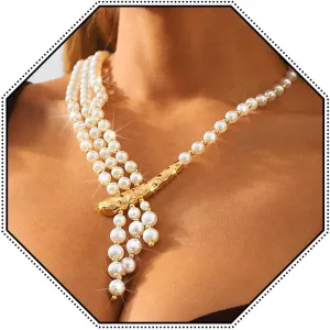 Vinzar Pearl Layered Necklace Pearl Bead Choker Gold Y-Necklaces Bridec Necklace Jewelry for Women