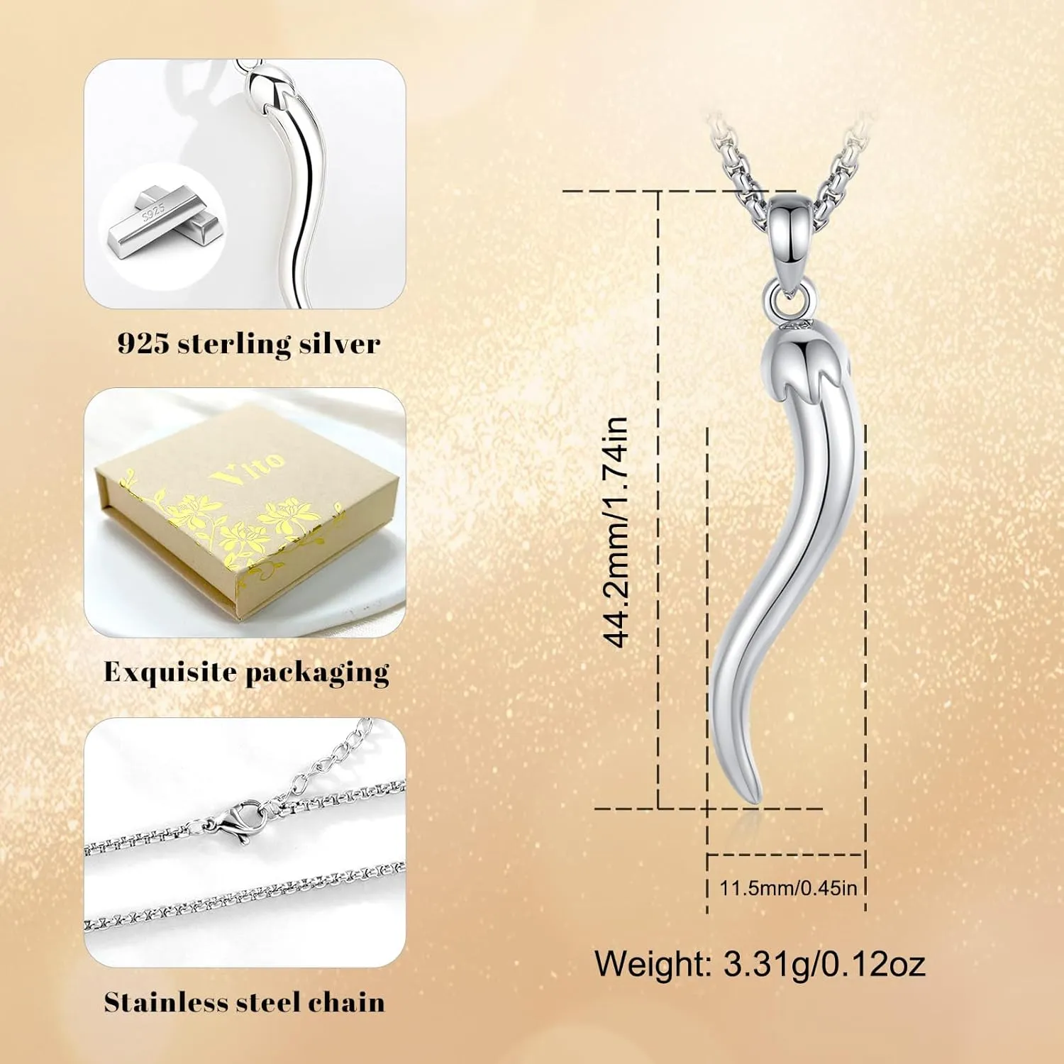 Vito 925 Sterling Silver Cornicello Necklace for Women Men, 18K Gold Plated Italian Horn Pendant Lucky Pepper Necklaces Protection Amulet Jewelry Gift for Mom, 24"