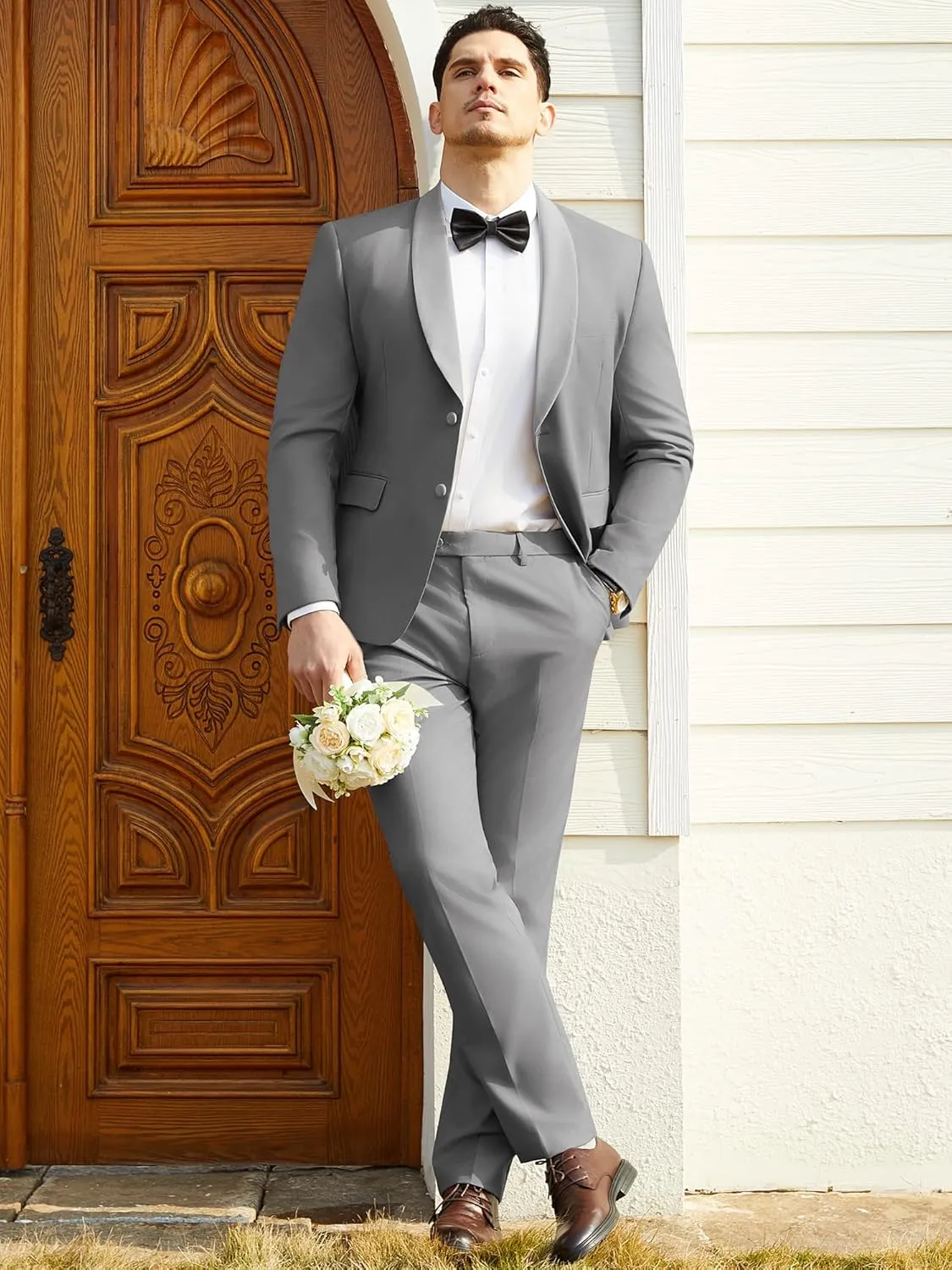 WEEN CHARM Men's 2 Piece Suit Two Button Blazer Jacket Pants Set Slim Fit Formal Wedding Business Suit Elegant Tuxedo Suit