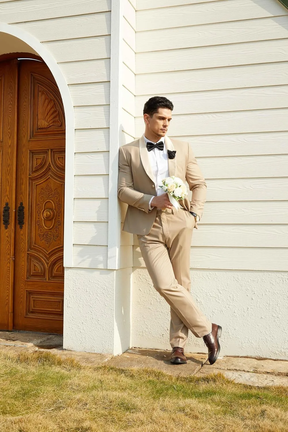 WEEN CHARM Men's 2 Piece Suit Two Button Blazer Jacket Pants Set Slim Fit Formal Wedding Business Suit Elegant Tuxedo Suit