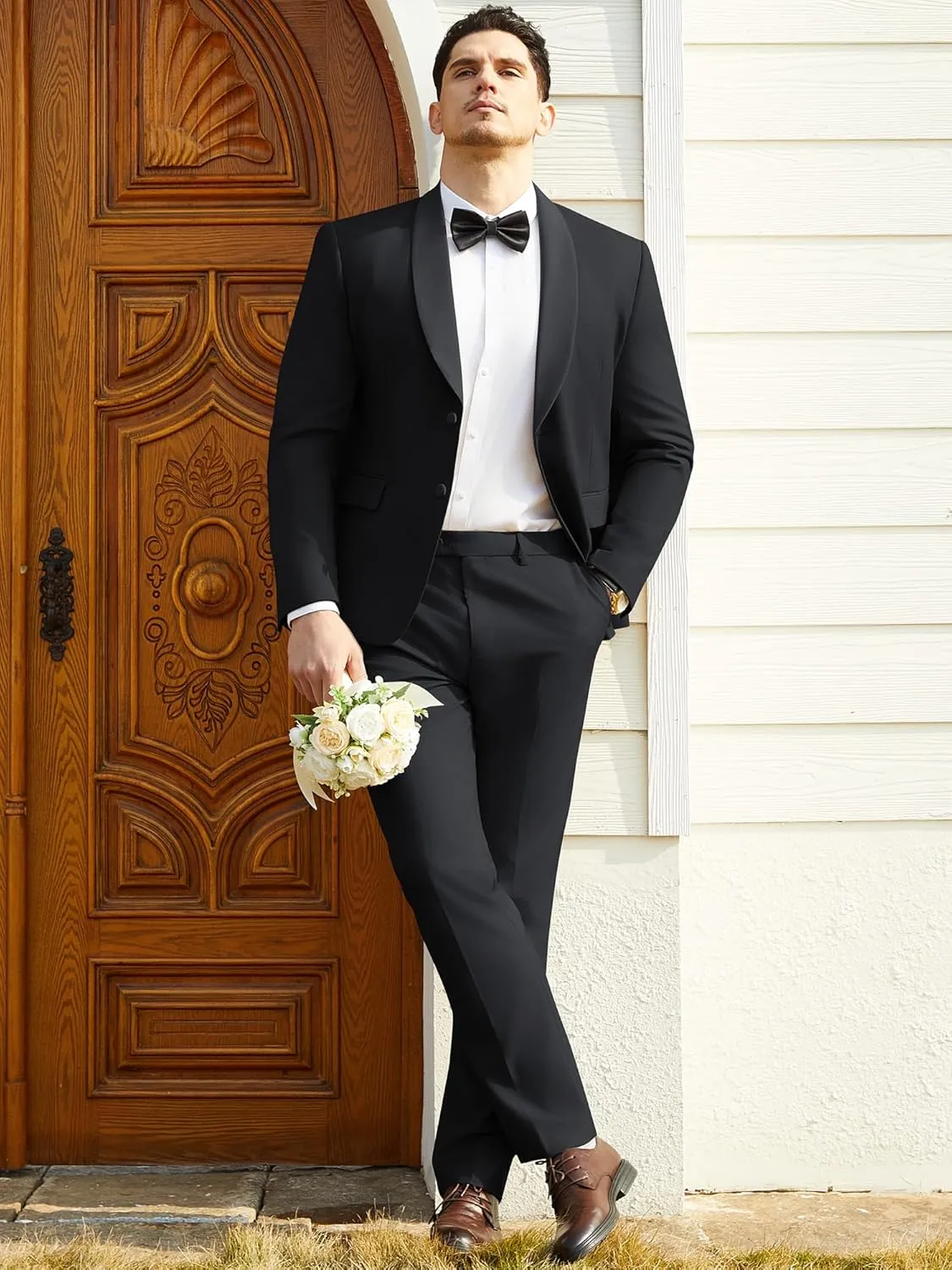 WEEN CHARM Men's 2 Piece Suit Two Button Blazer Jacket Pants Set Slim Fit Formal Wedding Business Suit Elegant Tuxedo Suit