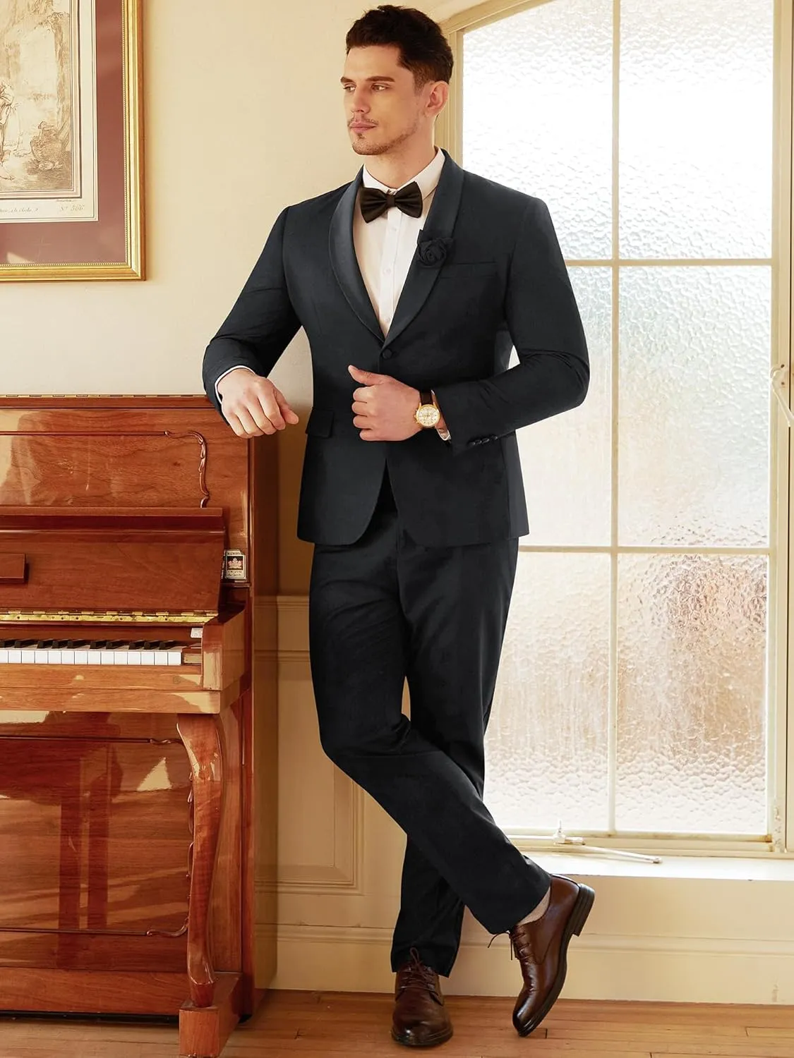 WEEN CHARM Men's 2 Piece Suit Two Button Blazer Jacket Pants Set Slim Fit Formal Wedding Business Suit Elegant Tuxedo Suit