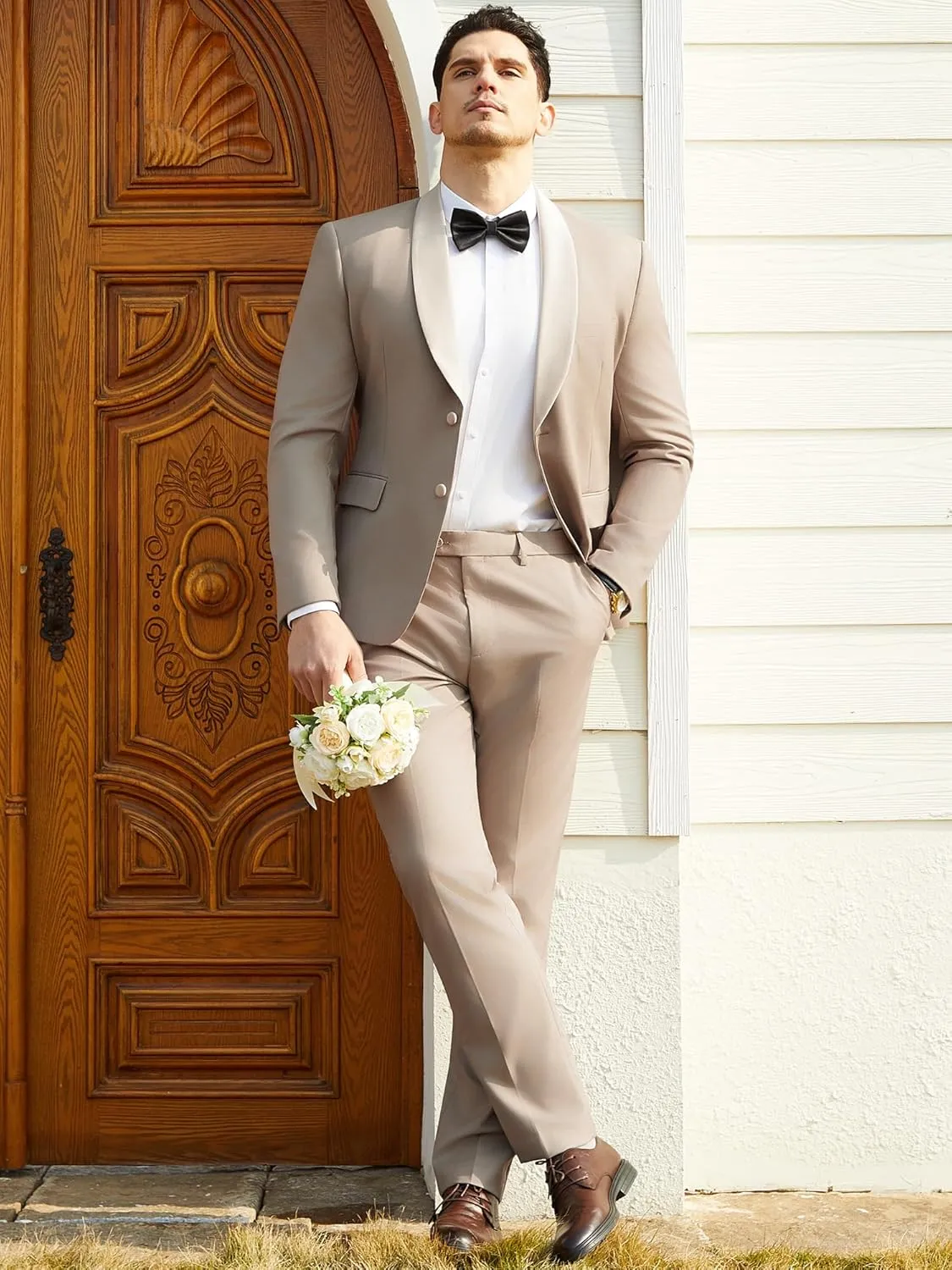 WEEN CHARM Men's 2 Piece Suit Two Button Blazer Jacket Pants Set Slim Fit Formal Wedding Business Suit Elegant Tuxedo Suit