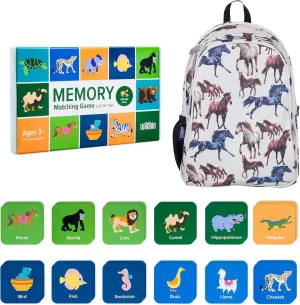 Wildkin 15-inch Backpack and Animals Memory Matching Game (36 pc) Bundle: Boost Memory Educational Card, and Comfortable Kids Backpack (Horse Dreams)