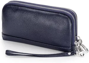 Women Clutch Purse Genuine Leather Double Zipper Money Purses Card Holder Phone Clutches with Wrist Strap (Royal Blue)