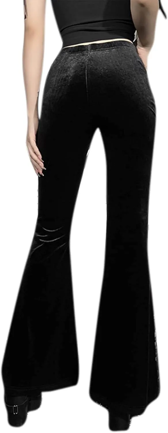 Women Goth Velvet Flare Pants Hollow Out Lace High Waist Bell Bottom Trousers