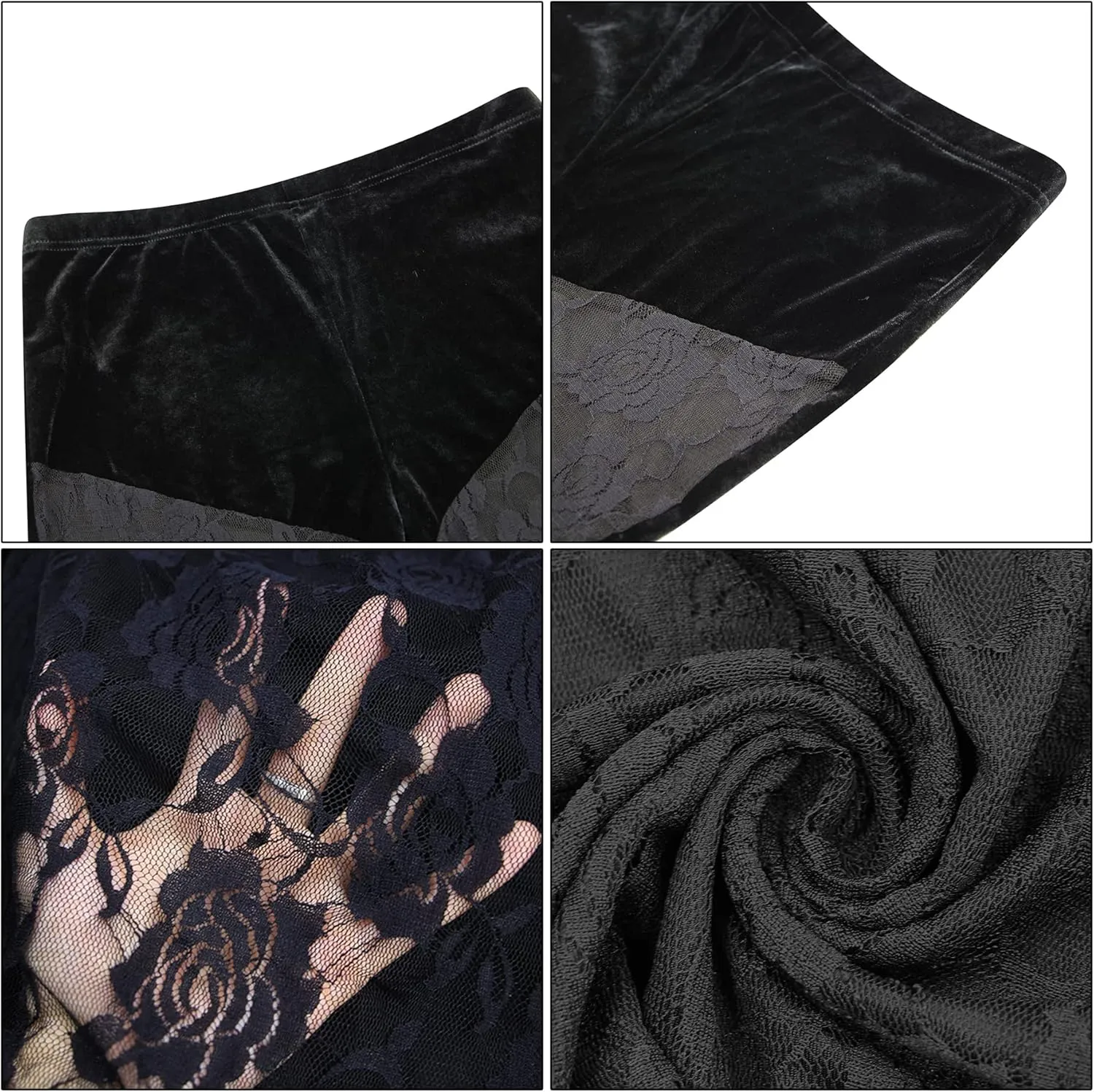Women Goth Velvet Flare Pants Hollow Out Lace High Waist Bell Bottom Trousers