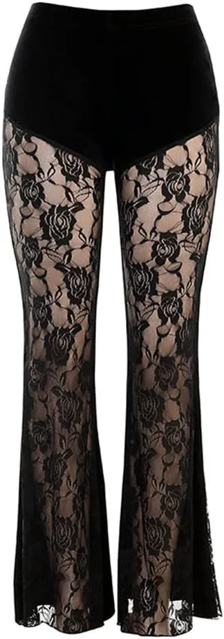 Women Goth Velvet Flare Pants Hollow Out Lace High Waist Bell Bottom Trousers