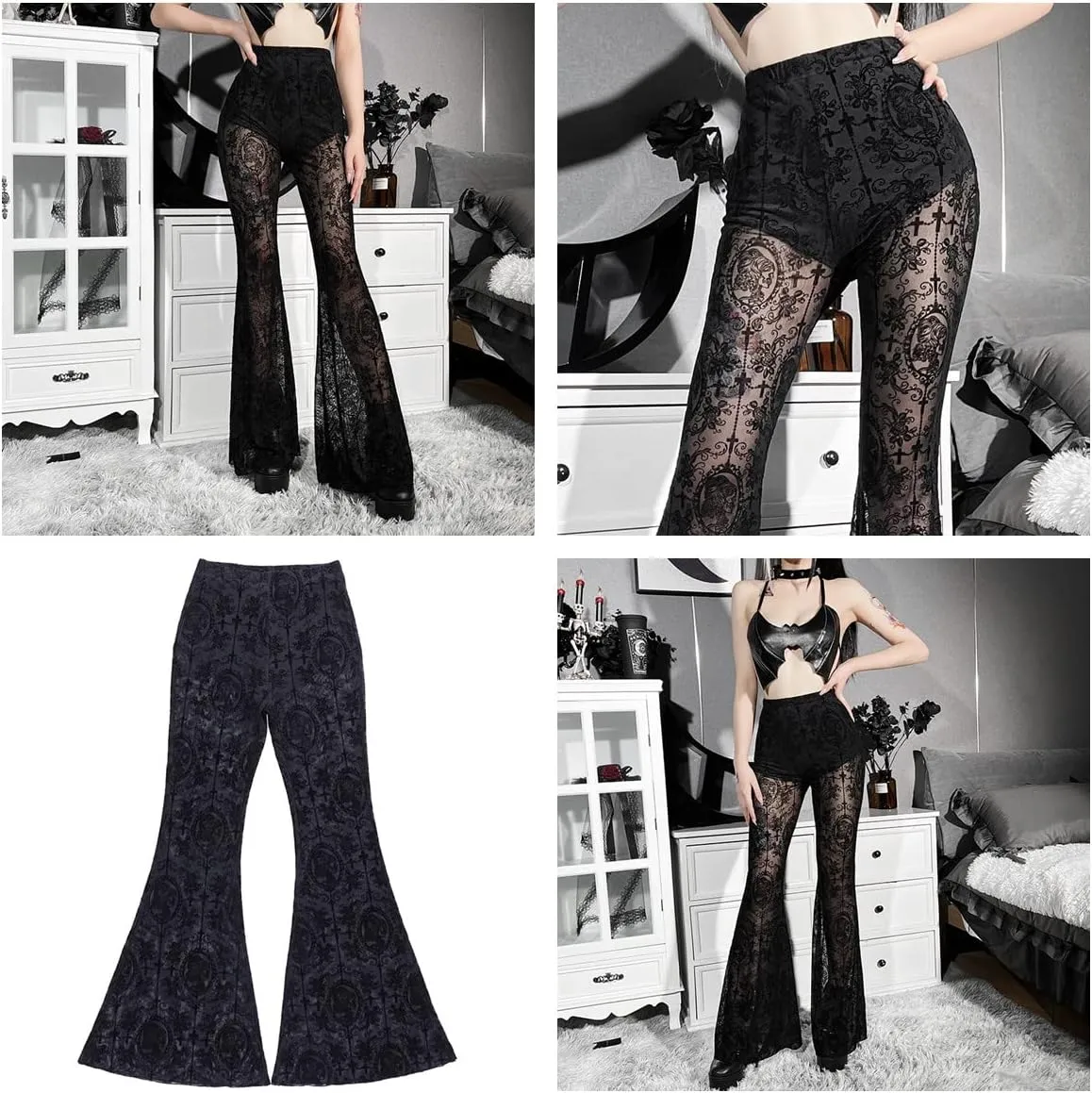 Women Goth Velvet Flare Pants Hollow Out Lace High Waist Bell Bottom Trousers