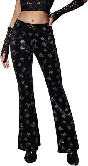 Women Goth Velvet Flare Pants Hollow Out Lace High Waist Bell Bottom Trousers