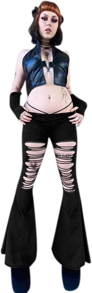Women Goth Velvet Flare Pants Hollow Out Lace High Waist Bell Bottom Trousers