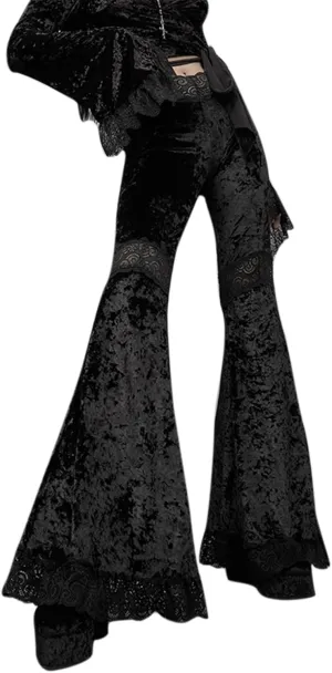 Women Goth Velvet Flare Pants Hollow Out Lace High Waist Bell Bottom Trousers