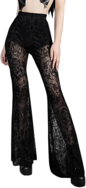 Women Goth Velvet Flare Pants Hollow Out Lace High Waist Bell Bottom Trousers