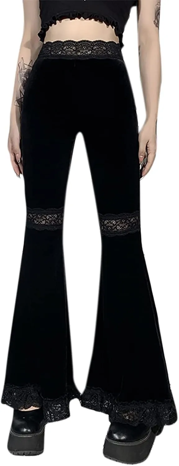 Women Goth Velvet Flare Pants Hollow Out Lace High Waist Bell Bottom Trousers