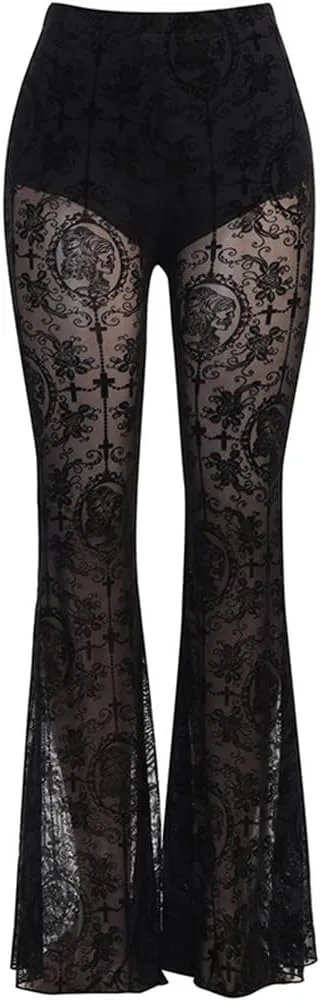Women Goth Velvet Flare Pants Hollow Out Lace High Waist Bell Bottom Trousers