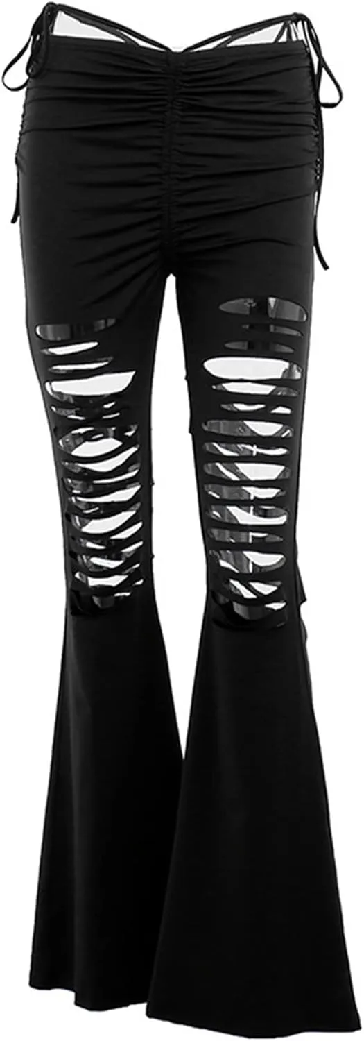 Women Goth Velvet Flare Pants Hollow Out Lace High Waist Bell Bottom Trousers