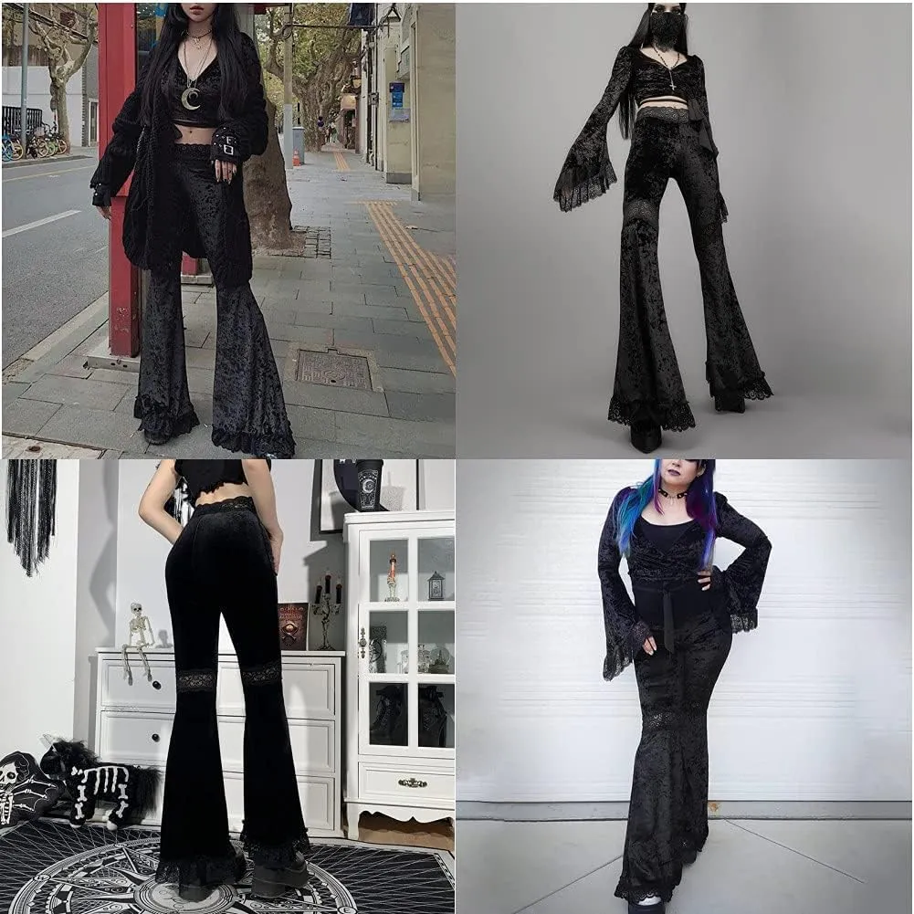 Women Goth Velvet Flare Pants Hollow Out Lace High Waist Bell Bottom Trousers