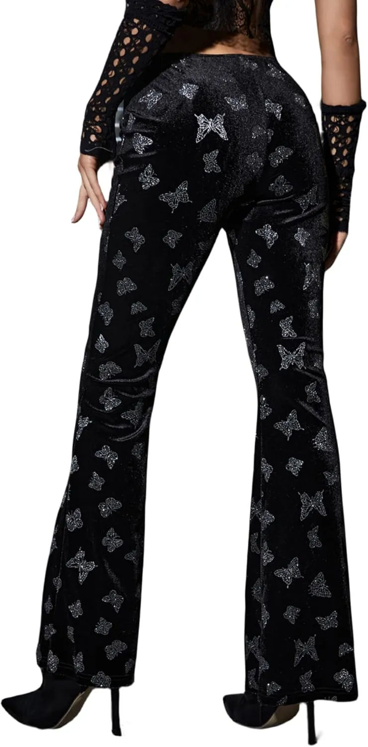 Women Goth Velvet Flare Pants Hollow Out Lace High Waist Bell Bottom Trousers