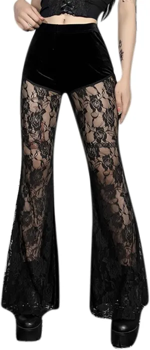 Women Goth Velvet Flare Pants Hollow Out Lace High Waist Bell Bottom Trousers