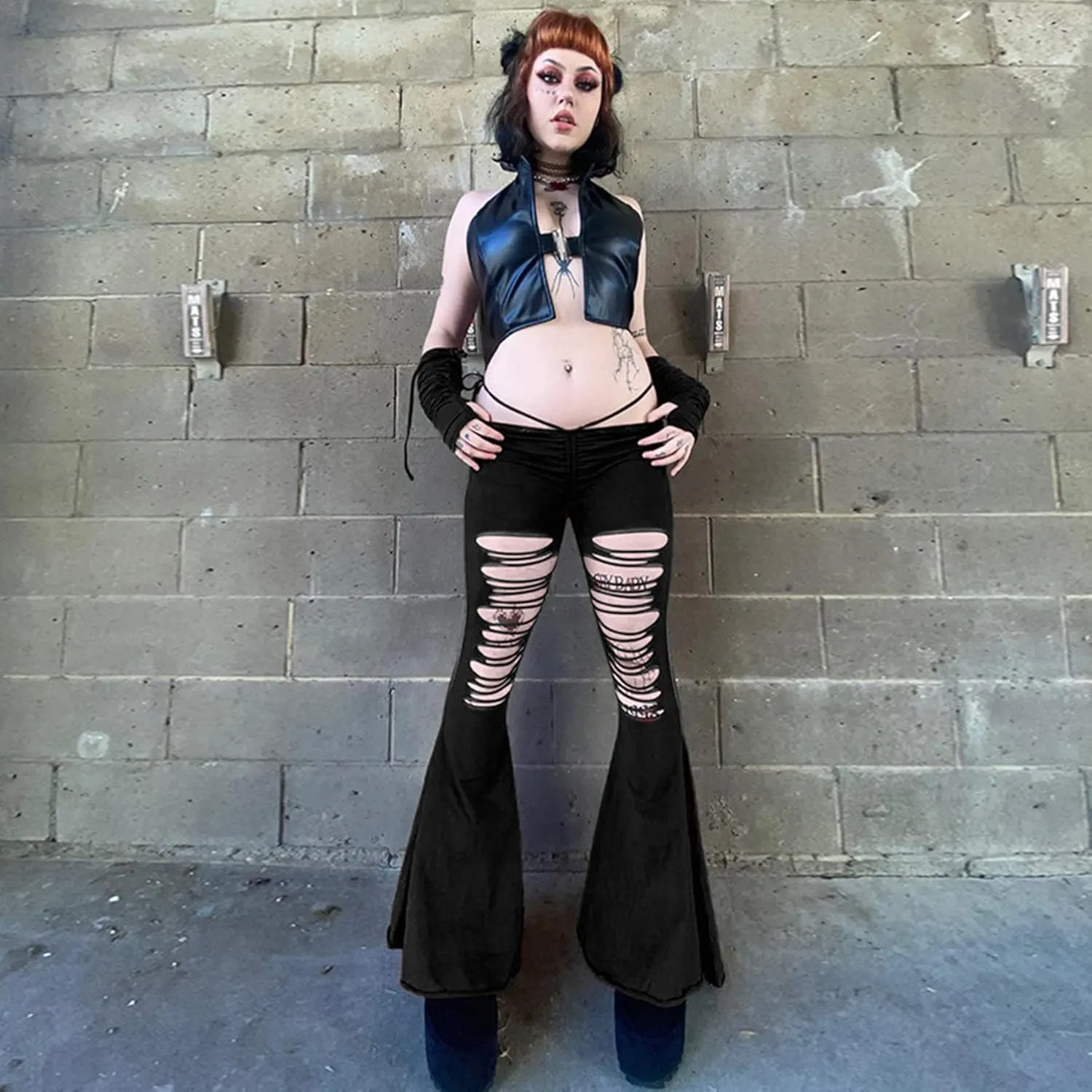 Women Goth Velvet Flare Pants Hollow Out Lace High Waist Bell Bottom Trousers