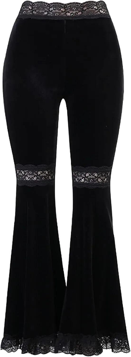 Women Goth Velvet Flare Pants Hollow Out Lace High Waist Bell Bottom Trousers
