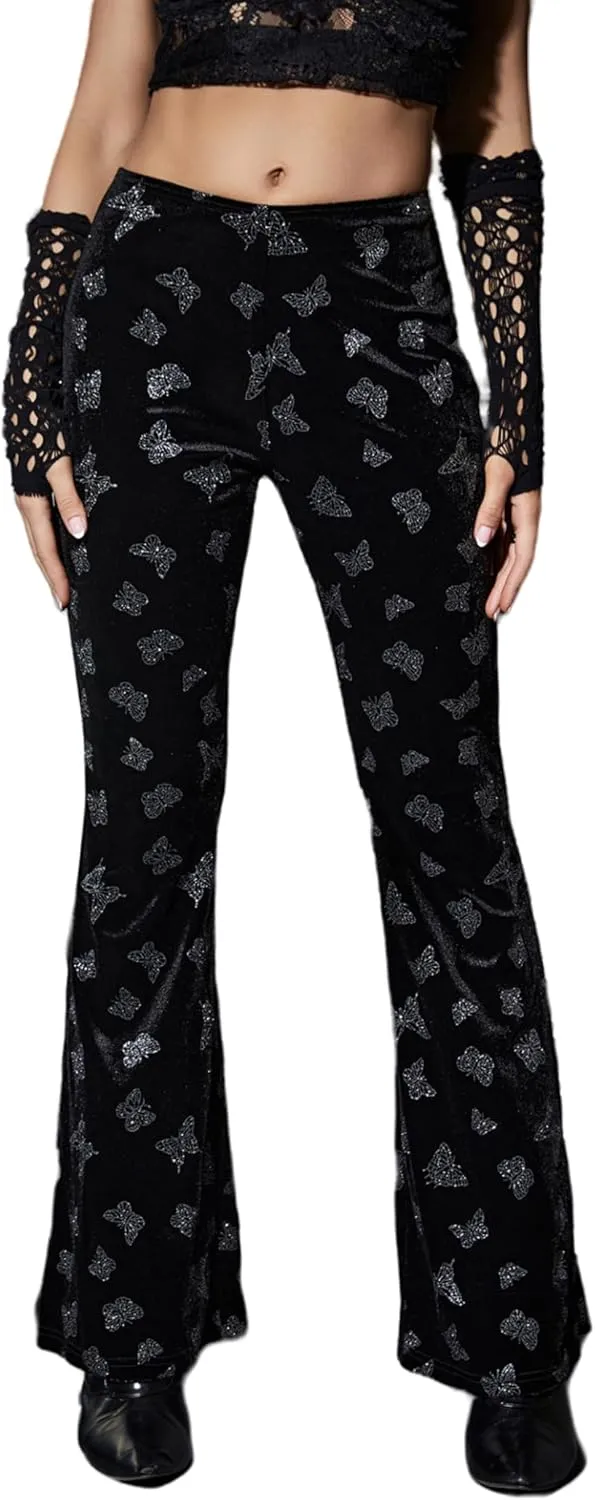 Women Goth Velvet Flare Pants Hollow Out Lace High Waist Bell Bottom Trousers