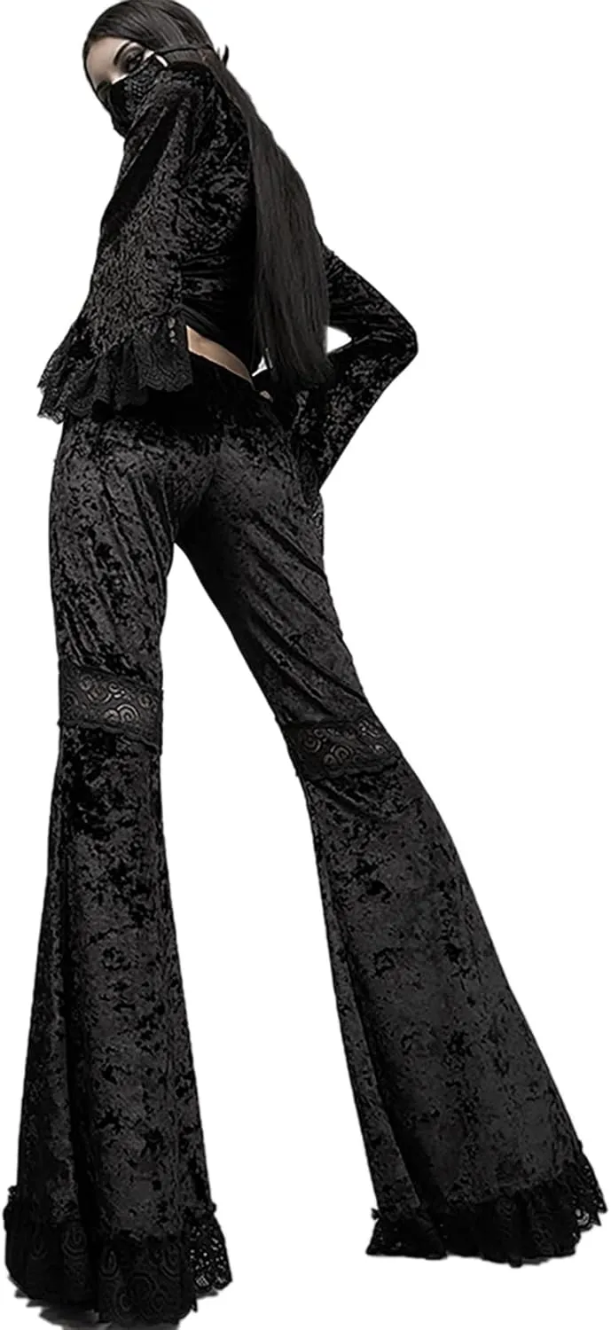 Women Goth Velvet Flare Pants Hollow Out Lace High Waist Bell Bottom Trousers