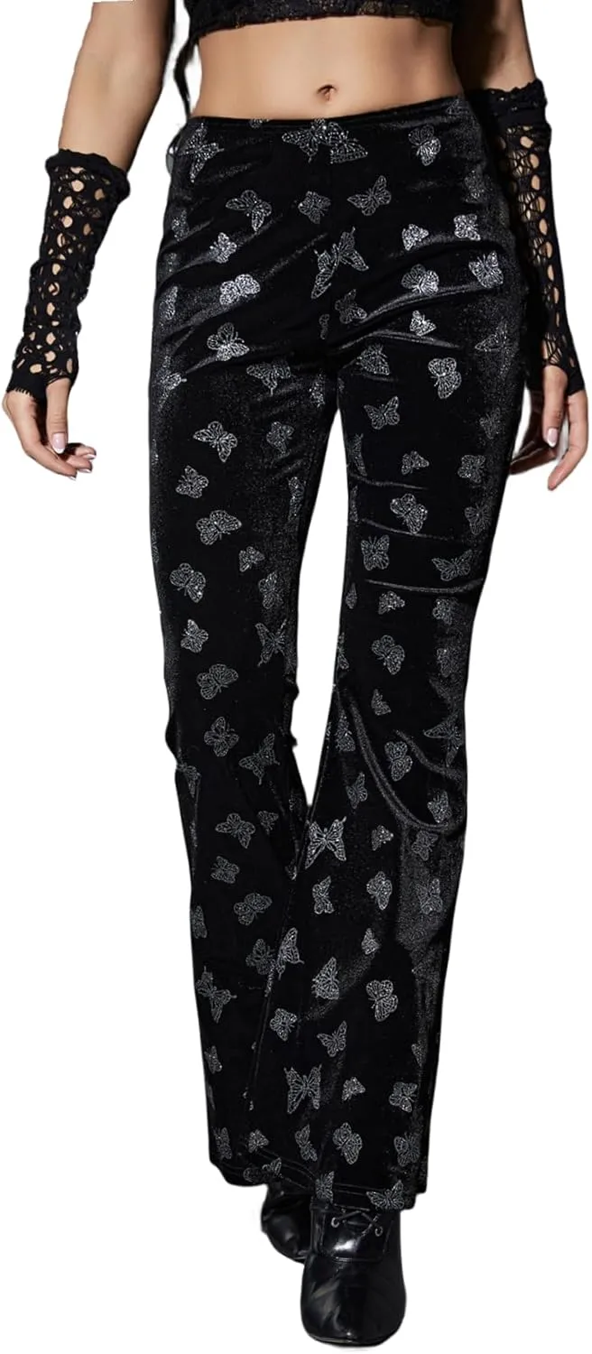 Women Goth Velvet Flare Pants Hollow Out Lace High Waist Bell Bottom Trousers