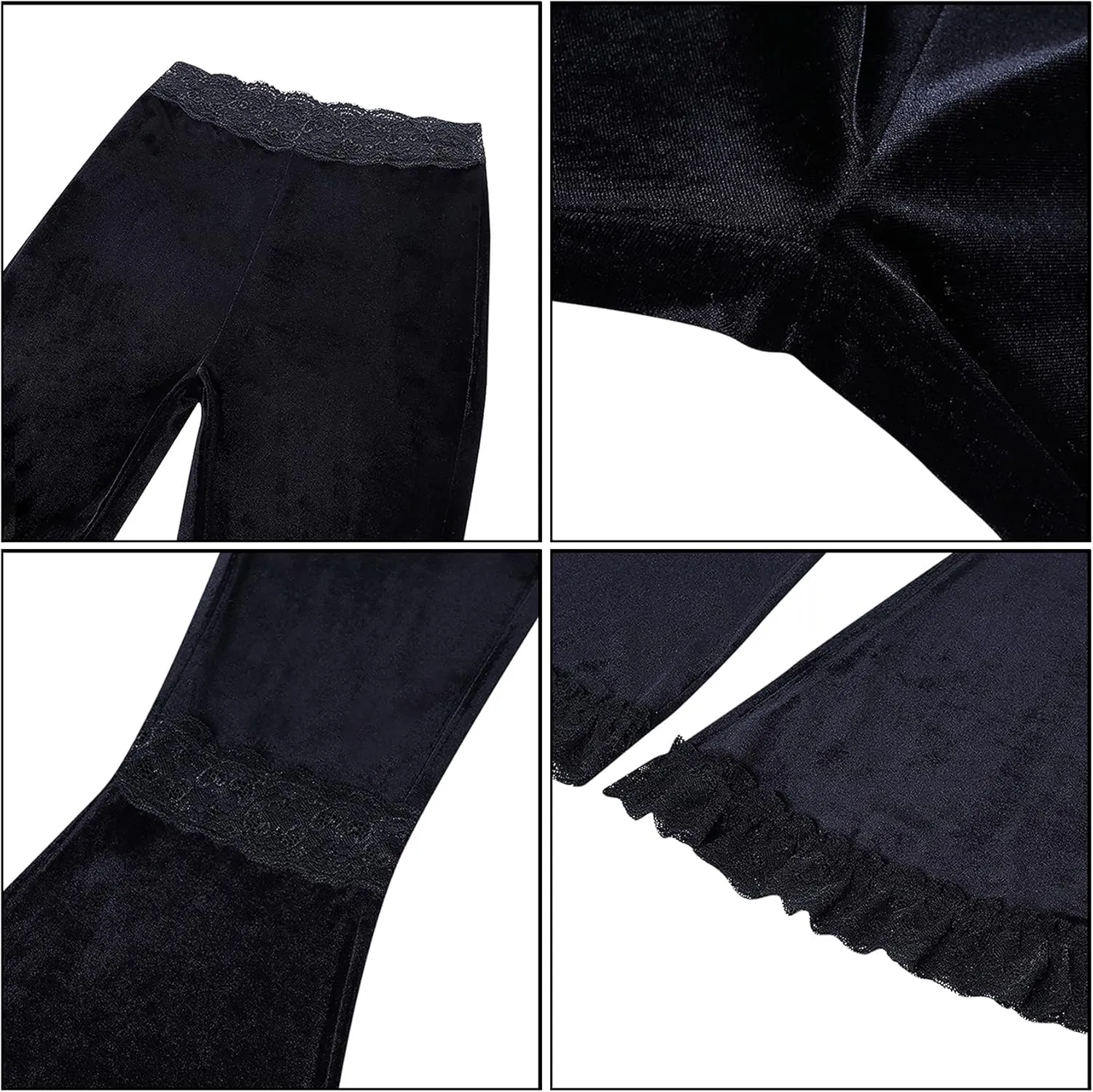 Women Goth Velvet Flare Pants Hollow Out Lace High Waist Bell Bottom Trousers