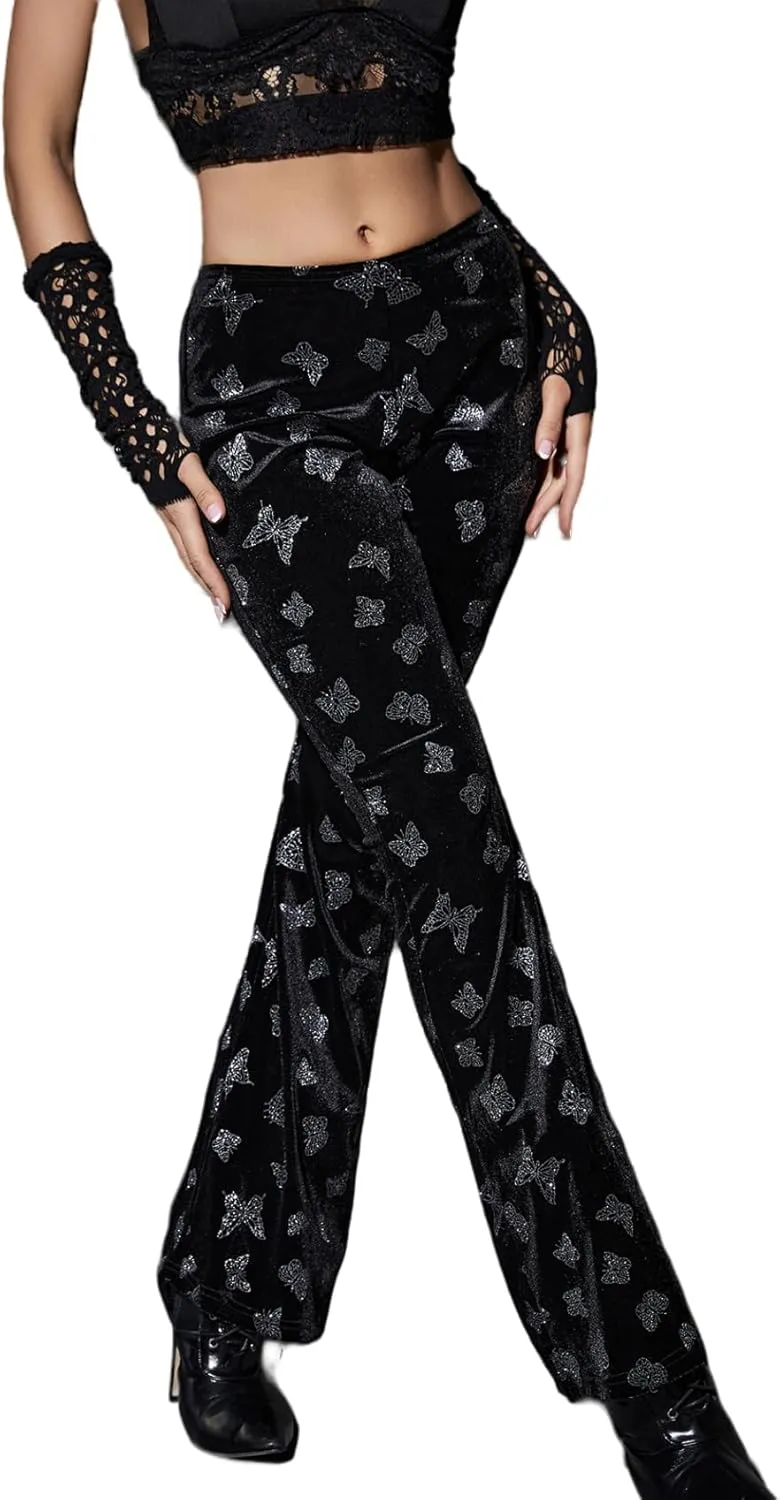 Women Goth Velvet Flare Pants Hollow Out Lace High Waist Bell Bottom Trousers