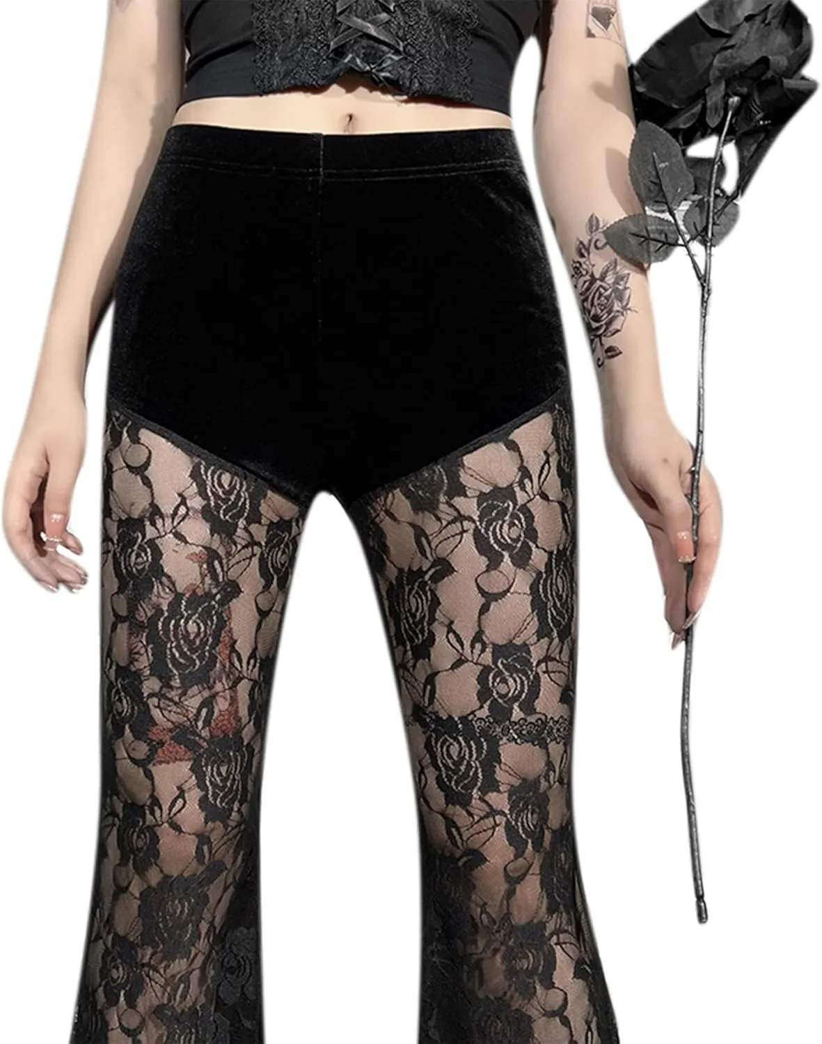 Women Goth Velvet Flare Pants Hollow Out Lace High Waist Bell Bottom Trousers