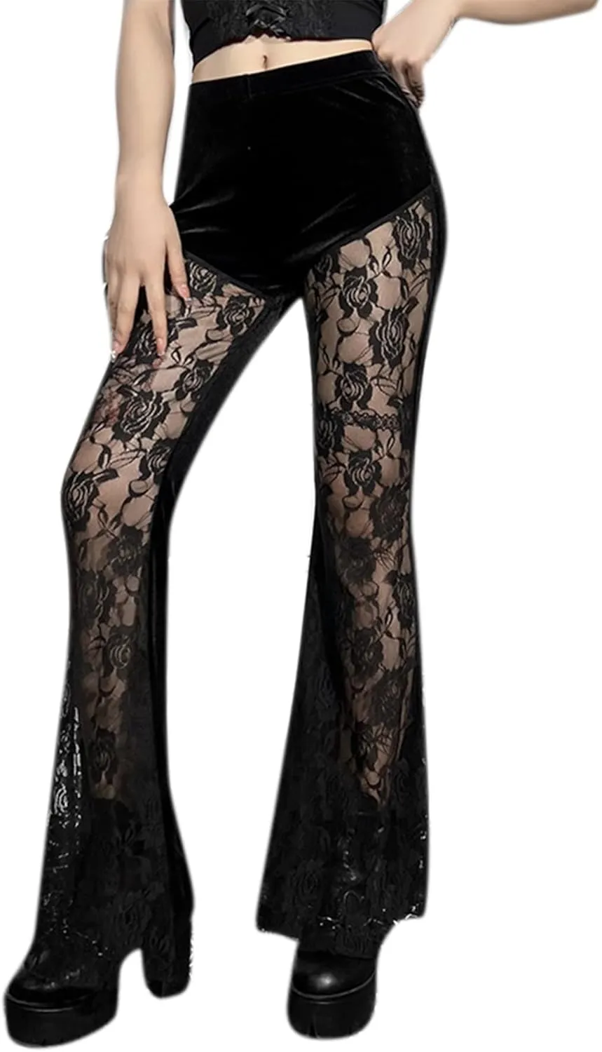 Women Goth Velvet Flare Pants Hollow Out Lace High Waist Bell Bottom Trousers